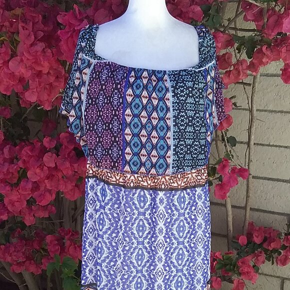 Chico's Womens Dress Maxi Long Blue Size L Print Boho Off the Shoulder Casual - Picture 4 of 7